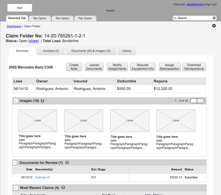 portal claim folder wireframe