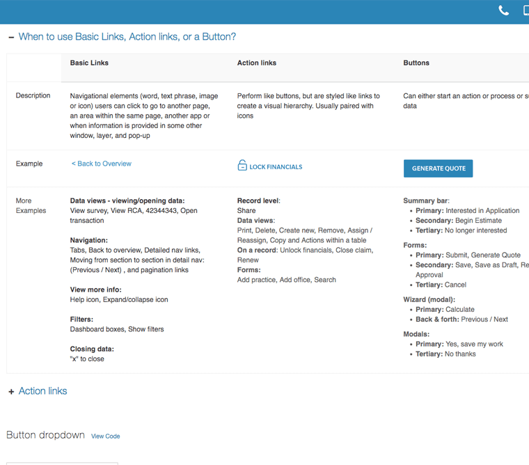 UX Standards action links